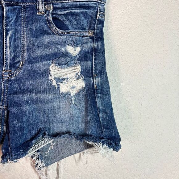 American Eagle Womens Blue Hi-Rise Shortie Next Level Stretch Distressed Size 0‎ - Picture 2 of 8